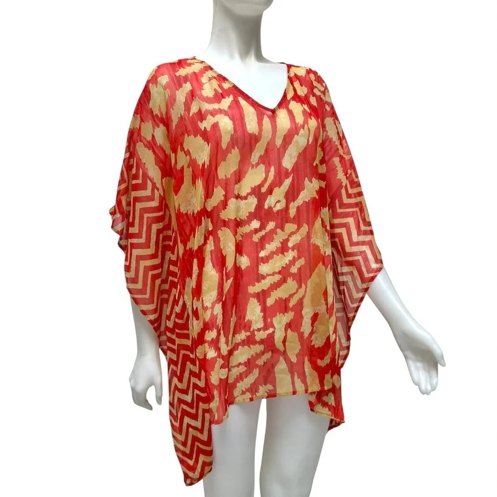 Chicos Red Abstract Animal Print Sheer Kaftan Swim Cover Up Boho Resortwear S/M